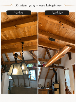 Vorher-Nachher-Vergleich einer individuell gefertigten LED-Hängelampe aus Kirschbaumholz von Artnic.
