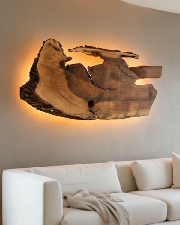 Wandbild „Sonnenuntergang“ aus Nussbaumholz, dimmbares LED Band auf der Rückseite