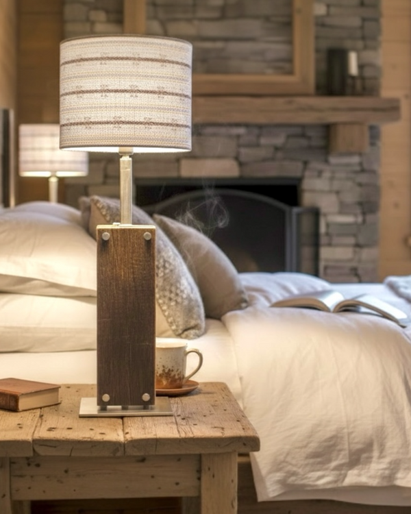 Tischlampe aus Altholz Eiche, Lampenschirm mit original Schweizer Edelweiss-Stoff