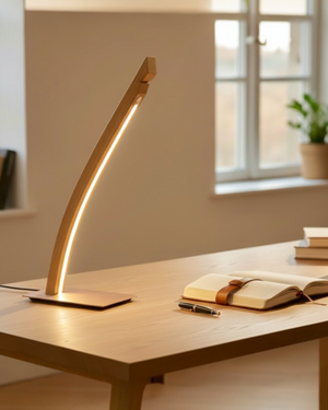Handgefertigte Tischleuchte aus Fassdaube eines alten Eichenweinfasses mit LED-Beleuchtung, Designlampe aus Altholz.