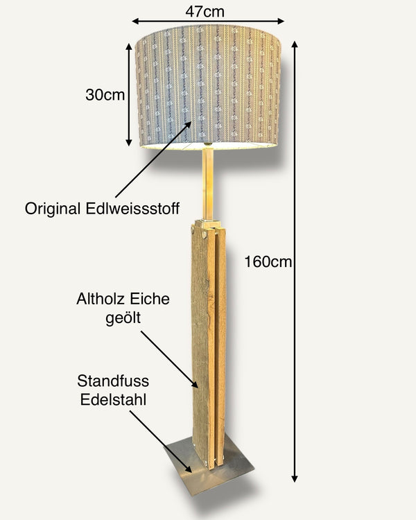 Stehlampe aus Altholz Eiche, Lampenschirm mit original Schweizer Edelweiss-Stoff