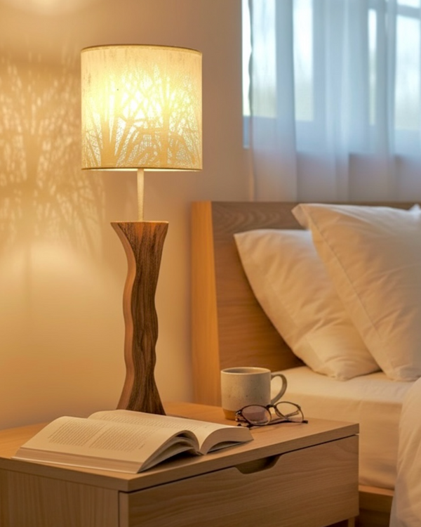 Tischlampe aus Altholz Eiche und Gravur, Lampenschirm weiss mit Baummotiv