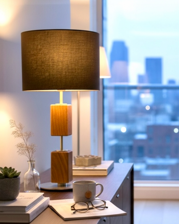 Tischleuchte mit Altholz Eiche und Edelstahl, schwarzem Lampenschirm rund