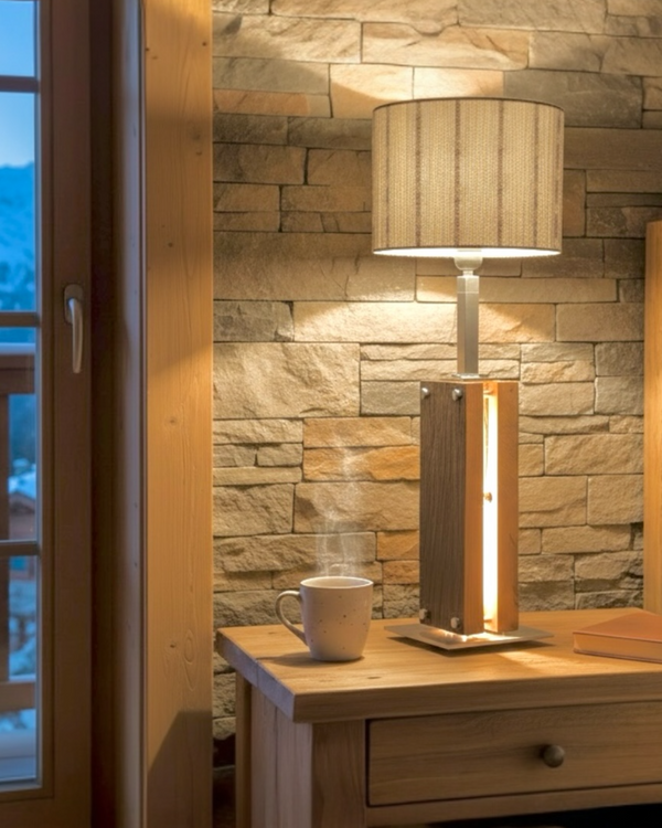 Tischlampe aus Altholz Eiche mit LED-Band, Lampenschirm mit original Schweizer Edelweiss-Stoff