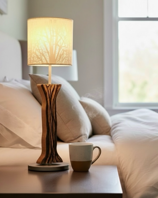 Tischlampe aus Altholz Eiche und Gravur, Lampenschirm weiss mit Baummotiv