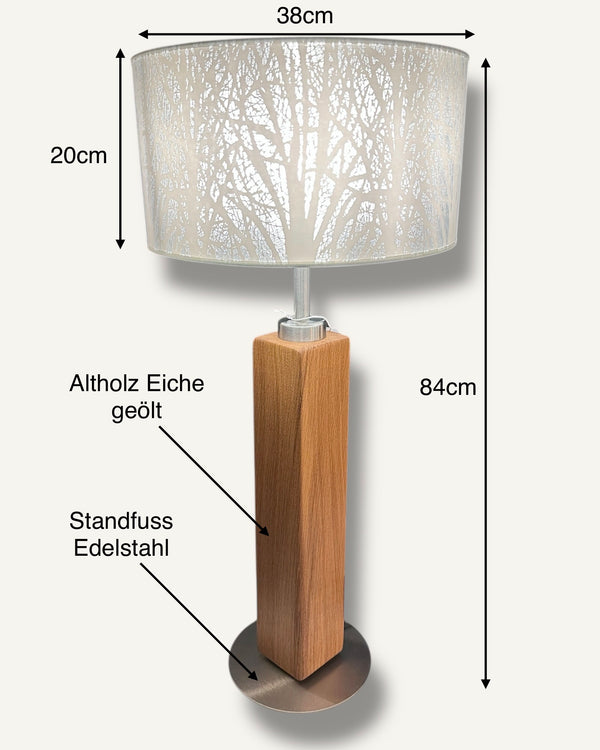 Tischlampe aus Altholz Eiche, Lampenschirm weiss mit Baummotiv