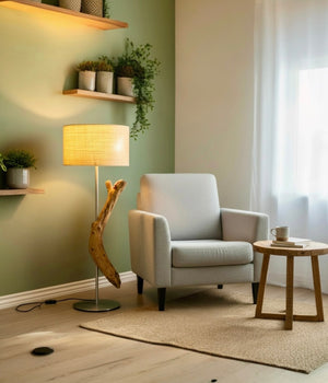 Stehleuchte aus Schwemmholz und, Edelstahl, Lampenschirm Stoff Beige