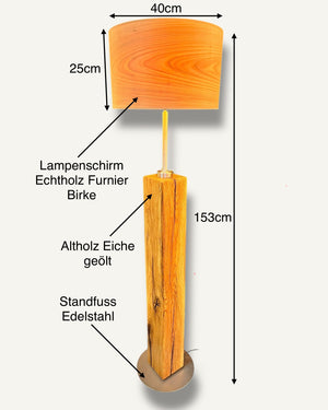 Stehlampe aus Altholz Eiche, Lampenschirm Echtholz Furnier Birke