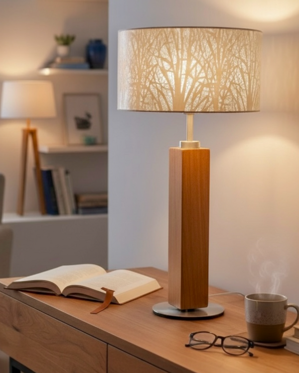 Tischlampe aus Altholz Eiche, Lampenschirm weiss mit Baummotiv