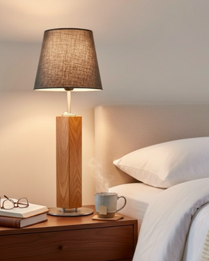 Handgefertigte Tischlampe aus Altholz Eiche mit Lampenschirm