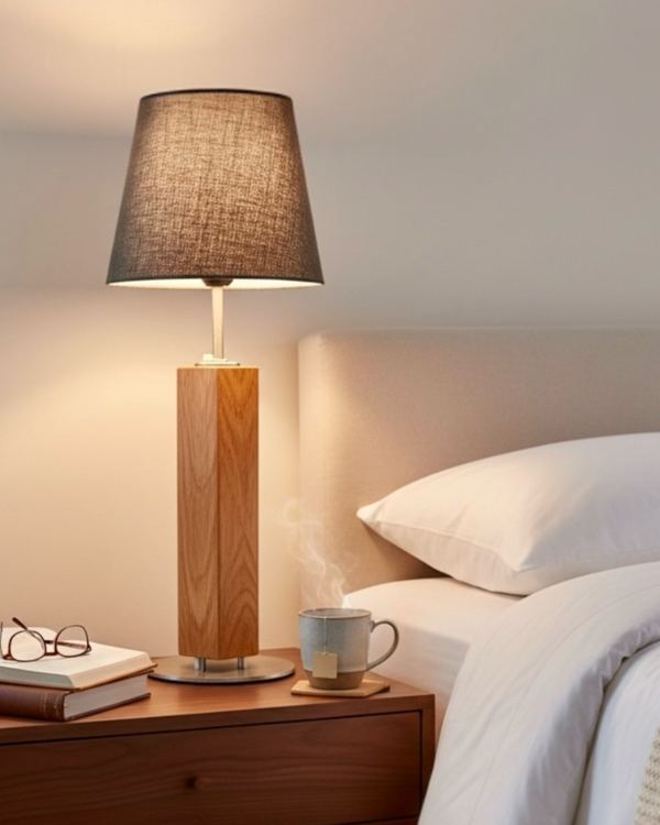 Tischlampe aus Altholz Eiche, Lampenschirm grau, rund, konisch