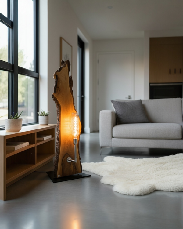 Moderne Unikat Stehleuchte aus Nussbaumholz im Wohnzimmer