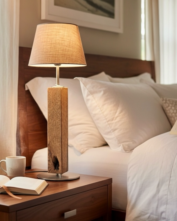 Tischlampe aus Altholz Eiche, Lampenschirm grau, rund, konisch