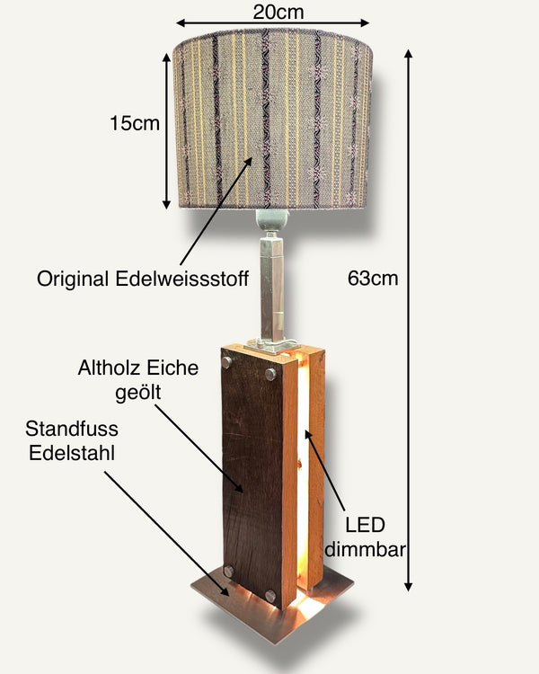 Tischlampe aus Altholz Eiche mit LED-Band, Lampenschirm mit original Schweizer Edelweiss-Stoff
