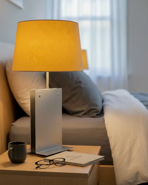 Handgefertigte Tischlampe aus gebürstetem Edelstahl mit gelbem Stoffschirm
