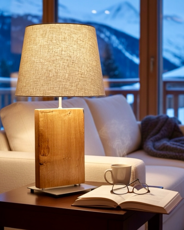 Tischlampe aus Altholz Eiche, Lampenschirm grau, rund, konisch