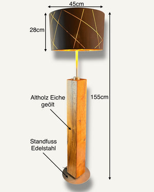 Stehlampe aus Altholz Eiche mit rundem Lampenschirm schwarz/gold