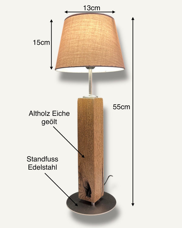 Tischlampe aus Altholz Eiche, Lampenschirm grau, rund, konisch