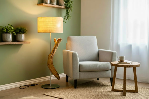 Tischleuchte aus Schwemmholz und, Edelstahl, Lampenschirm Stoff Beige