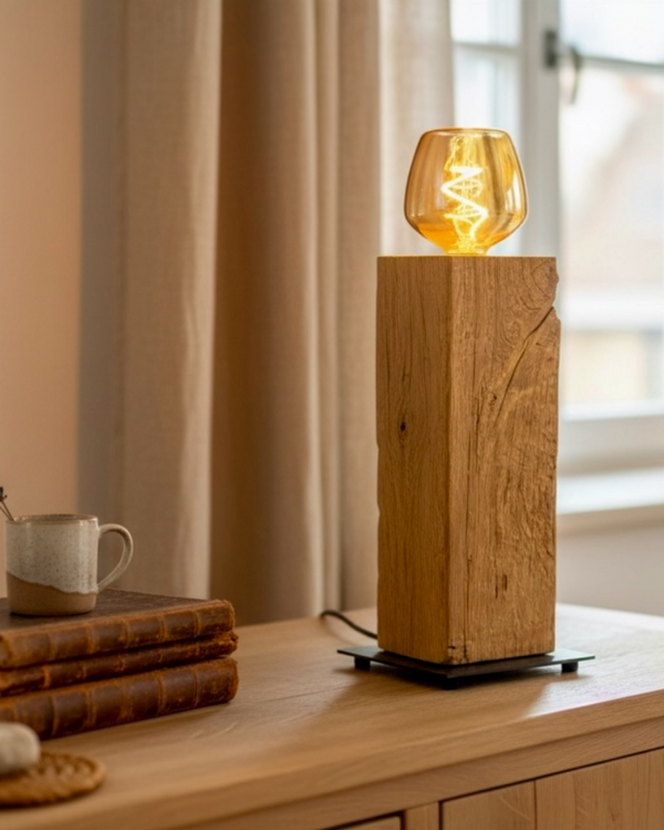Dekorative Unikat-Tischeuchte, Eichenholz mit Ambiente-Glühbirne