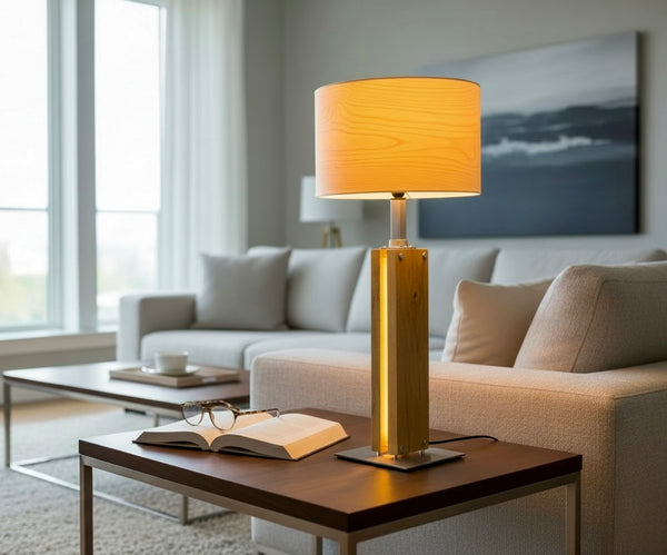 Stehlampe aus Altholz Eiche mit LED-Band, Lampenschirm aus Echtholzfurnier Buche