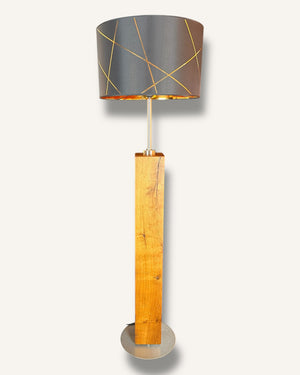 Stehlampe aus Altholz Eiche mit rundem Lampenschirm schwarz/gold