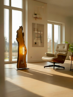 Design Stehleuchte aus massivem Nussbaumholz mit natürlicher Maserung