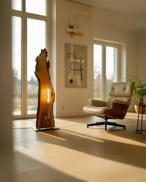 Design Stehleuchte aus massivem Nussbaumholz mit natürlicher Maserung