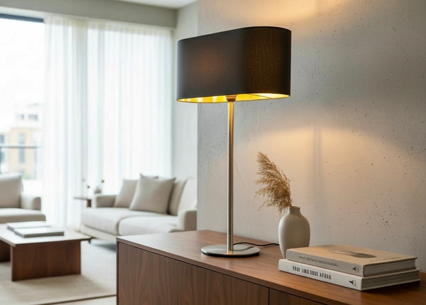 Stehlampe aus Edelstahl mit Lampenschirm schwarz mit goldiger Innenseite