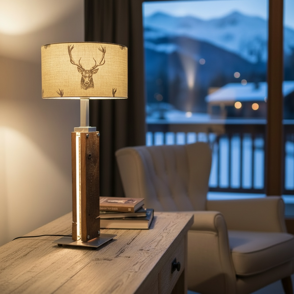 Stehlampe aus Altholz Eiche mit LED-Band, Lampenschirm mit Hirschkopf Motiv im Alpen Chic Style