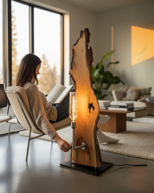 Design Stehleuchte aus Nussbaumholz – Handgemachte Unikat Leuchte mit warmem Ambientelicht