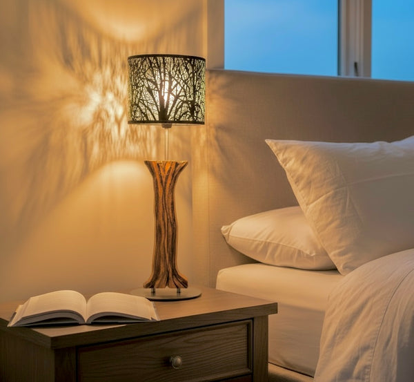 Tischlampe aus Altholz Eiche und Gravur, Lampenschirm schwarz in Baumoptik