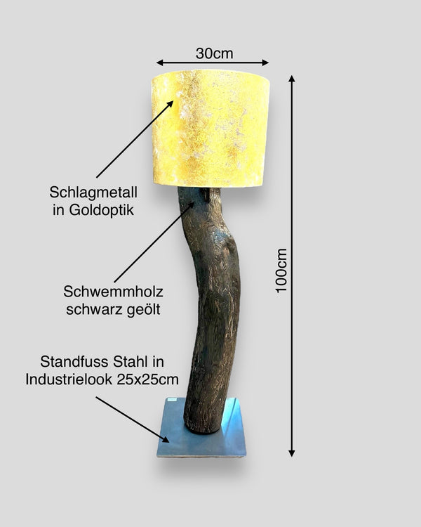 Stehlampe schwemmholz Lampenschirm goldoptik 