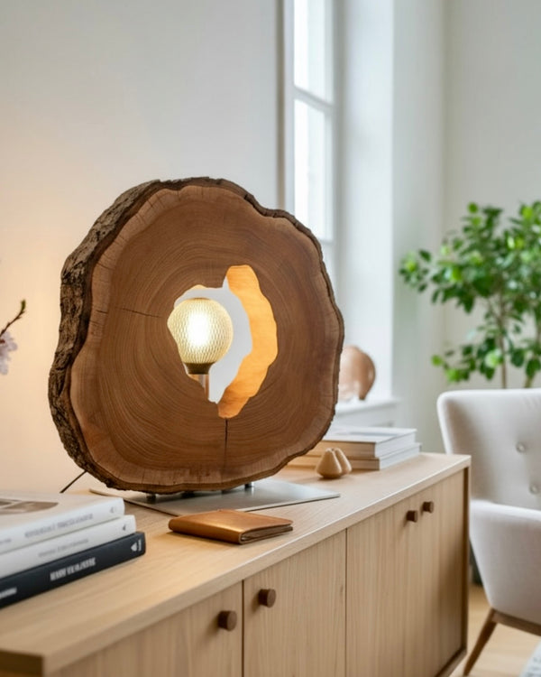 Aussergewöhnliche Unikat-Tischleuchte aus Kirschbaum mit LED Glühbirne