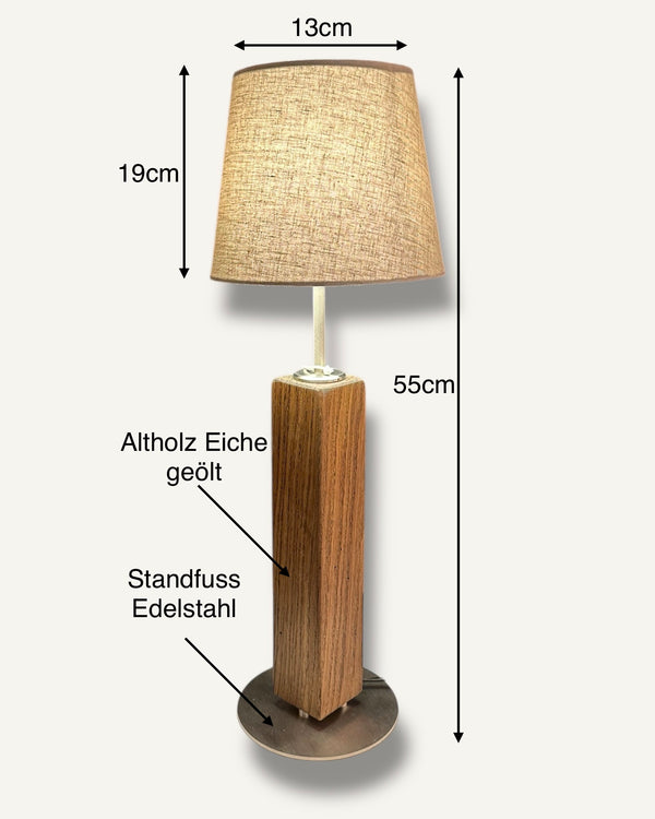 Tischlampe aus Altholz Eiche, Lampenschirm grau, rund, konisch