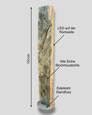 Handgefertigte Stehleuchte aus 100-jährigem Eichenbalken – Design-Unikat mit warmem LED-Ambiente