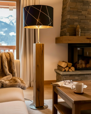 Stehlampe aus Altholz Eiche mit rundem Lampenschirm schwarz/gold