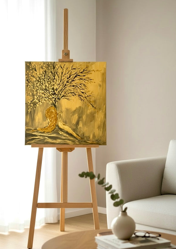 Gemaelde sitzender Engel unter Baum, Acryl auf Leinwand, 50x50cm