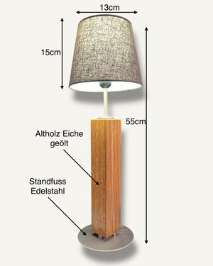 Design-Tischlampe aus geölter Eiche und gebürstetem Edelstahl
