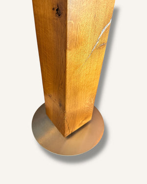 Stehlampe aus Altholz Eiche mit rundem Lampenschirm schwarz/gold