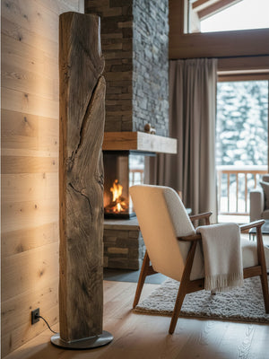 Handgefertigte Stehleuchte aus Altholz Eichenbalken mit warmem LED Licht neben Sofa im modernen Wohnzimmer
