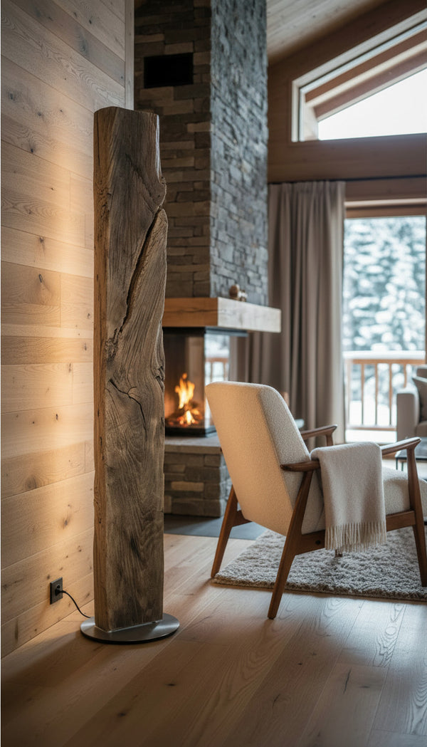 Handgefertigte Stehleuchte aus Altholz Eichenbalken mit warmem LED Licht neben Sofa im modernen Wohnzimmer