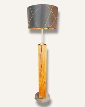 Stehlampe aus Altholz Eiche mit rundem Lampenschirm schwarz/gold