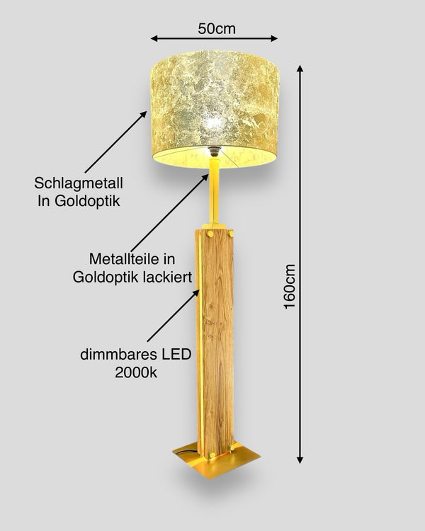 Led Stehlampe eichenholz goldoptik Lampenschirm