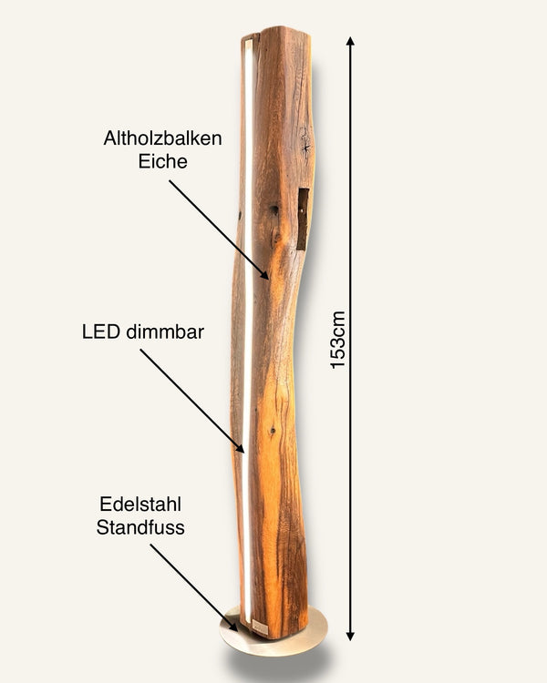 Stehlampe LeD dimmbar altholz eichenbalken Unikat Stehleuchte