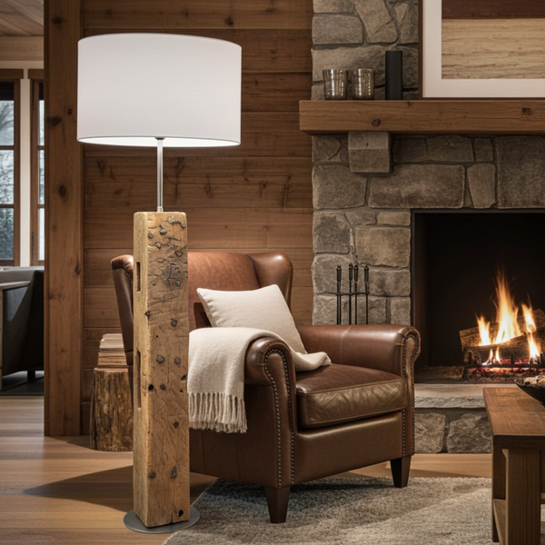 Designer Stehlampe aus alter Eiche – handgefertigte Holzlampe Schweiz