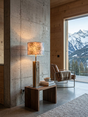 Tischlampe aus alter Eiche und gebürstetem Edelstahl mit Edelweiss-Schirm