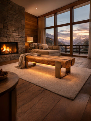 Handgefertigte Sitzbank aus massivem Eichenholz mit LED-Beleuchtung auf der Unterseite und Designer-Metallfüssen