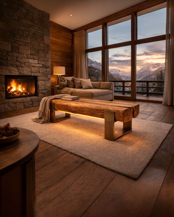 Handgefertigte Sitzbank aus massivem Eichenholz mit LED-Beleuchtung auf der Unterseite und Designer-Metallfüssen