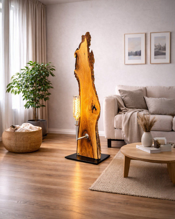 Rustikale Designlampe aus Nussbaumholz mit warmem Ambientelicht